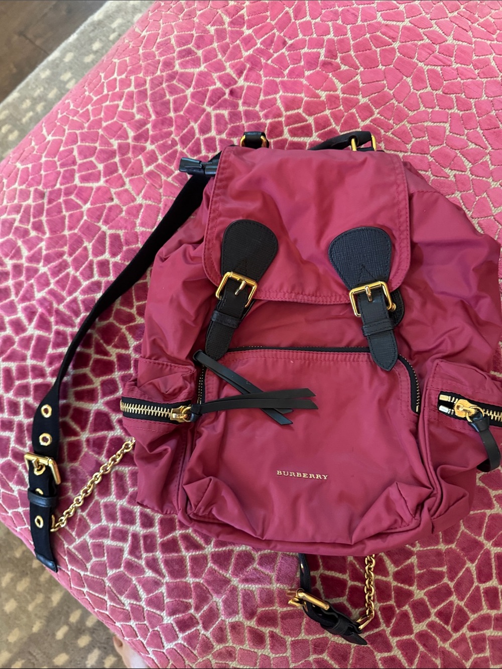 Burberry Raspberry Pink Nylon Backpack with Black Trim and Gold Hardware